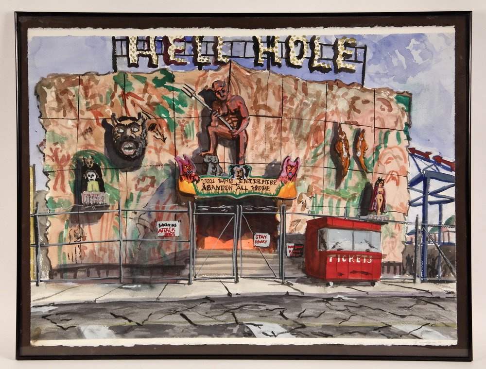 KENNETH RUSH (VT/NY, 1948 - ) - "Hell Hole", watercolor: KENNETH RUSH (VT/NY, 1948 - ) - "Hell Hole", watercolor on Arches paper, signed lower right and dated '86, depicting the now demolished Coney Island rotary drum ride facade surrounded by a cabin link 