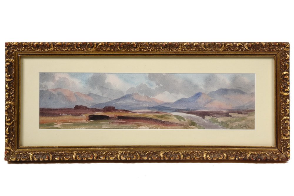 THOMAS WILLIAM BOWLER (UK, 1812-1869) - 'Extensive: THOMAS WILLIAM BOWLER (UK, 1812-1869) - 'Extensive Mountainous Landscape', watercolor, initialed lr, in gilt faux gesso frame, matted and glazed, SS: 4" x 15 1/2", OS: 8 1/2" x 20 1/4". Fine condition