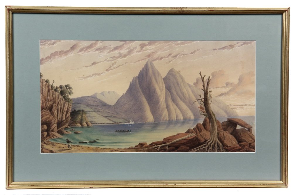 WATERCOLOR OF MOUNTAINS AND SEA - W.S. Rowson, 1872,: WATERCOLOR OF MOUNTAINS AND SEA - W.S. Rowson, 1872, signed and dated. Matted and framed in a fine gold molding. SS:11" x 21", OS: 18" x 27". Good condition, not examined out of frame.