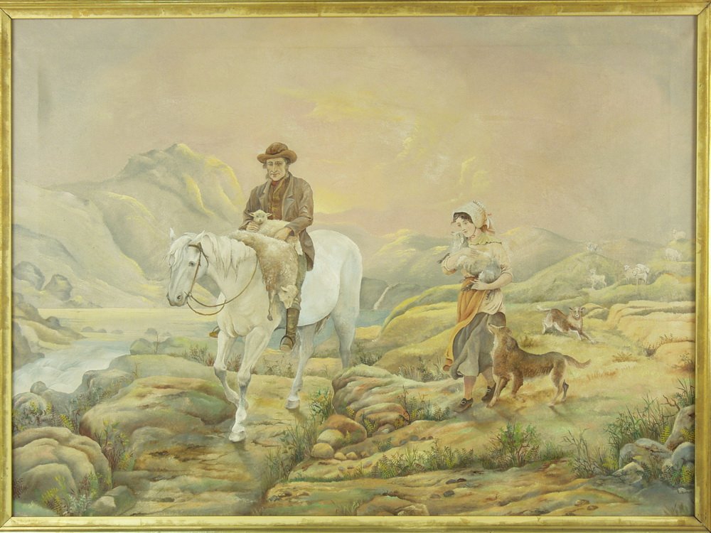 OOC - Man and Shepherdess rescuing sheep, signed F.W.: OOC - Man and Shepherdess rescuing sheep, signed F.W. Jones on stretcher, in lemon gold deep cove frame, SS: 21 1/2" x 29 1/2", OS: 26 1/4" x 34 1/4", very good condition, light stretcher impression. 