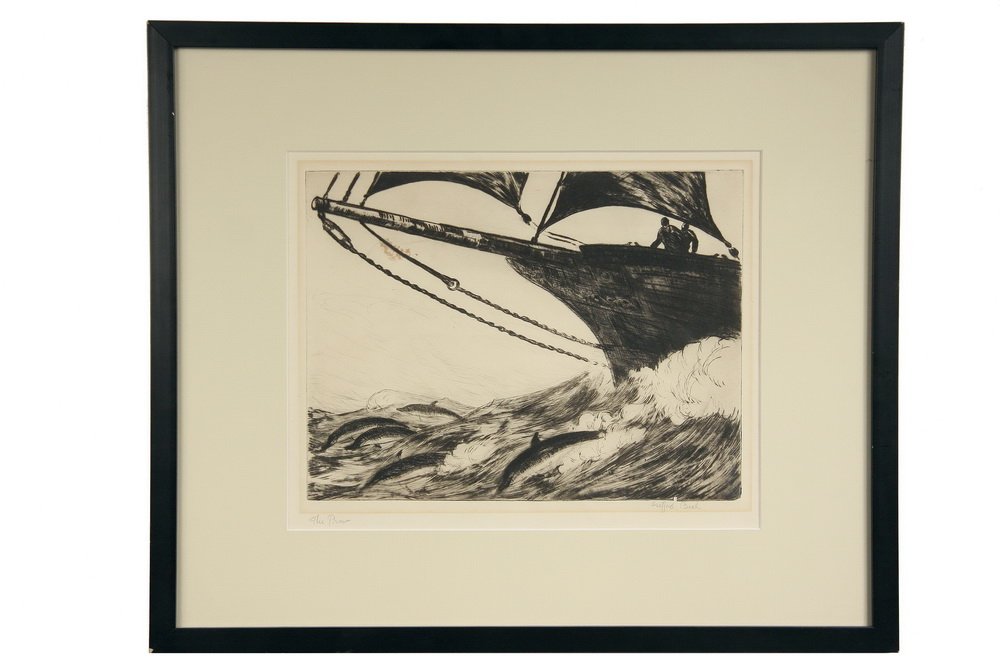 GIFFORD BEAL (NY, 1879-1956) - 'The Prow', etching,: GIFFORD BEAL (NY, 1879-1956) - 'The Prow', etching, pencil signed and titled in lower margin, depicting a pod of dolphins leading a clipper ship, two men in prow watching, in black stick frame, matted