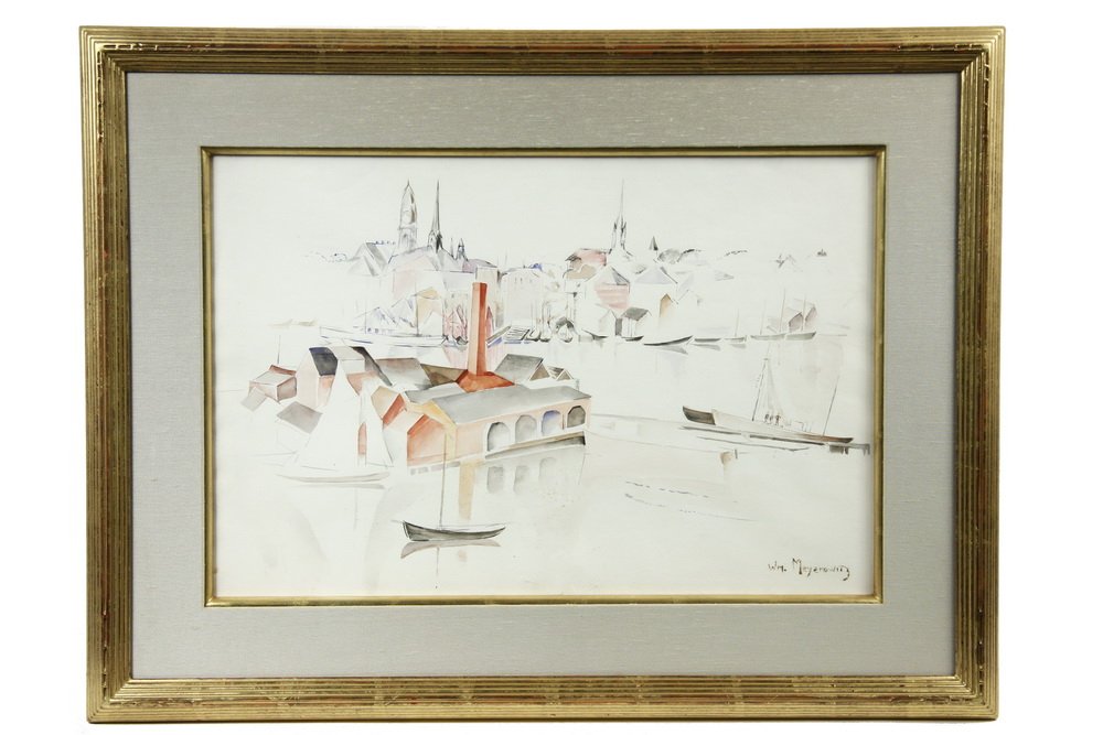 WILLIAM MEYEROWITZ (NY, 1887-1981 - Gloucester Harbor: WILLIAM MEYEROWITZ (NY, 1887-1981 - Gloucester Harbor Abstract, watercolor, signed lr, in reeded gilt frame with linen mat, gilt liner, glazed, SS: 13 3/4" x 20 3/4", OS: 21 3/4" x 28 3/4". Fine condi