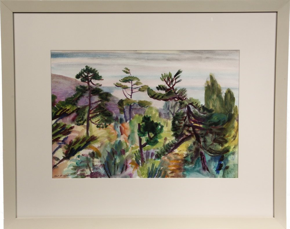 CARL GORDON CUTLER (MA, 1873-1945) - 'Hazy Sunset',: CARL GORDON CUTLER (MA, 1873-1945) - 'Hazy Sunset', signed lower left, titled verso, in cream panel frame, matted and glazed, SS: 16 3/4" x 24 1/4", OS: 29 3/4" x 37". Fine condition.