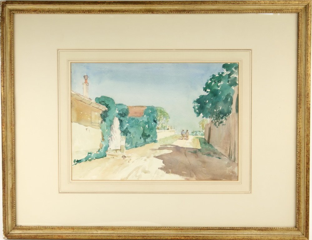 EDWARD BARNARD LINTOTT (NJ, 1875-1951) - 'The Road at: EDWARD BARNARD LINTOTT (NJ, 1875-1951) - 'The Road at Combes la Ville', watercolor, signed verso. Combes la Ville is a Southeast suburb of Paris. In a gold and cream molded frame, french-lined mat, gl