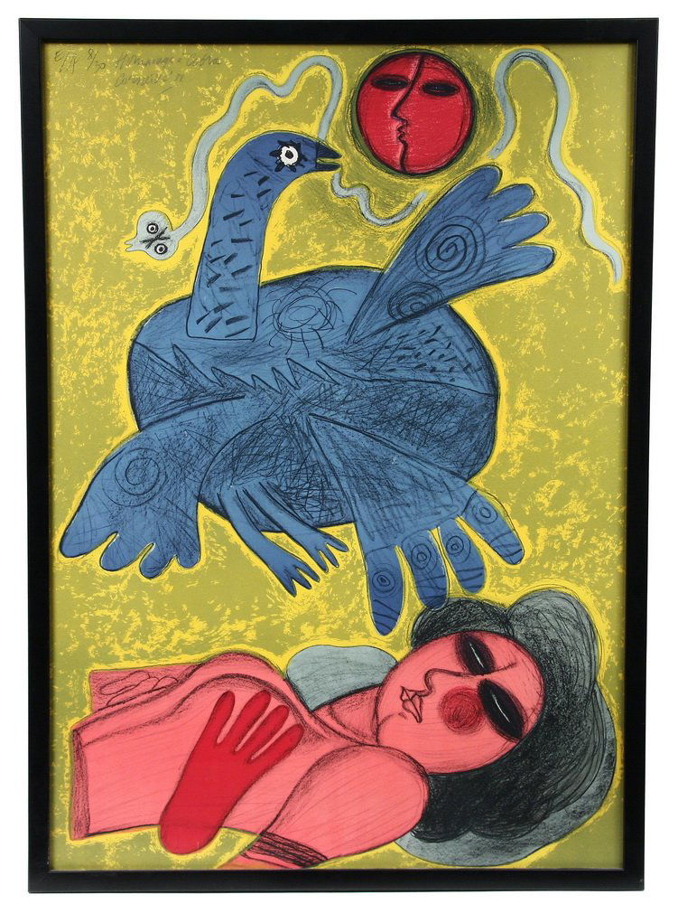 COLOR LITHO - 'Hommage a Cobra' by Corneille (French,: COLOR LITHO - 'Hommage a Cobra' by Corneille (French, 1922-2010) signed ul, a member of the Cobra Group, numbered E/A 8/30, in black box frame, glazed, SS: 33 1/4" x 23 1/4", OS: 35" x 25". Fine condi