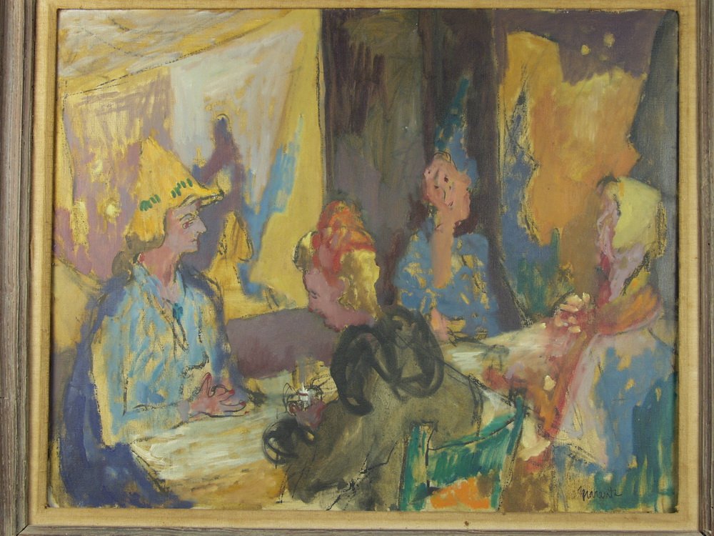 IRVING MARANTZ (American, 1912-1972) - Titled 'Coffee: IRVING MARANTZ (American, 1912-1972) - Titled 'Coffee Time' oil on canvas, signed lr and inscribed verso, gestural depiction of four women seated at table in a cafÃ©, one in odd conical yellow hat, 
