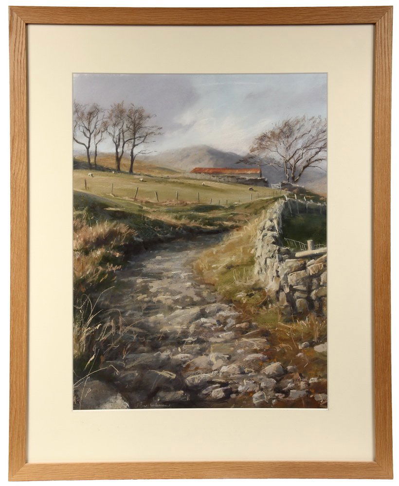 JAMES BARTHOLOMEW (Contemporary British) - "Path to the: JAMES BARTHOLOMEW (Contemporary British) - "Path to the Old Man", watercolor & pastel, signed lower center, titled verso. In oak box frame, matted and glazed. OS: 36 1/2" x 30". SS: 26" x 20". Fine co
