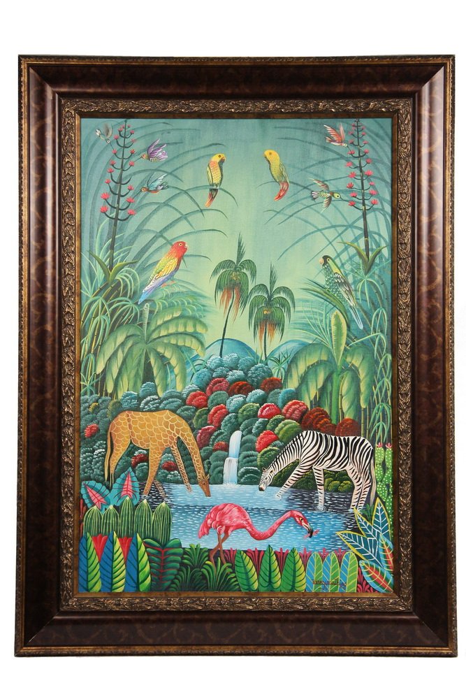 BERNY MATHIAS - Haitian Peaceful Kingdom, acrylic on: BERNY MATHIAS - Haitian Peaceful Kingdom, acrylic on canvas, signed and dated 2005 lr, in scumbled gold frame, SS: 35 1/2" x 23 1/2", OS: 45" x 33". Fine condition.