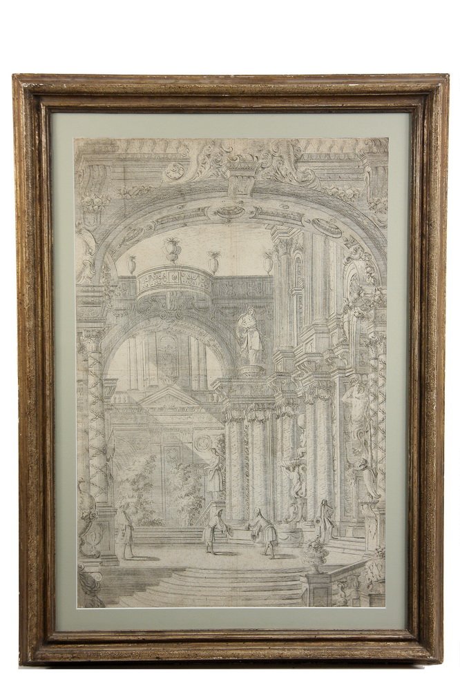 18TH C FRENCH ETCHING - Early French Soft-Ground: 18TH C FRENCH ETCHING - Early French Soft-Ground Etching in the manner of Duplessis, depicting courtiers in a Piranesi like Classical setting, in gold molded frame, matted and glazed, SS: 26 1/2" x 17