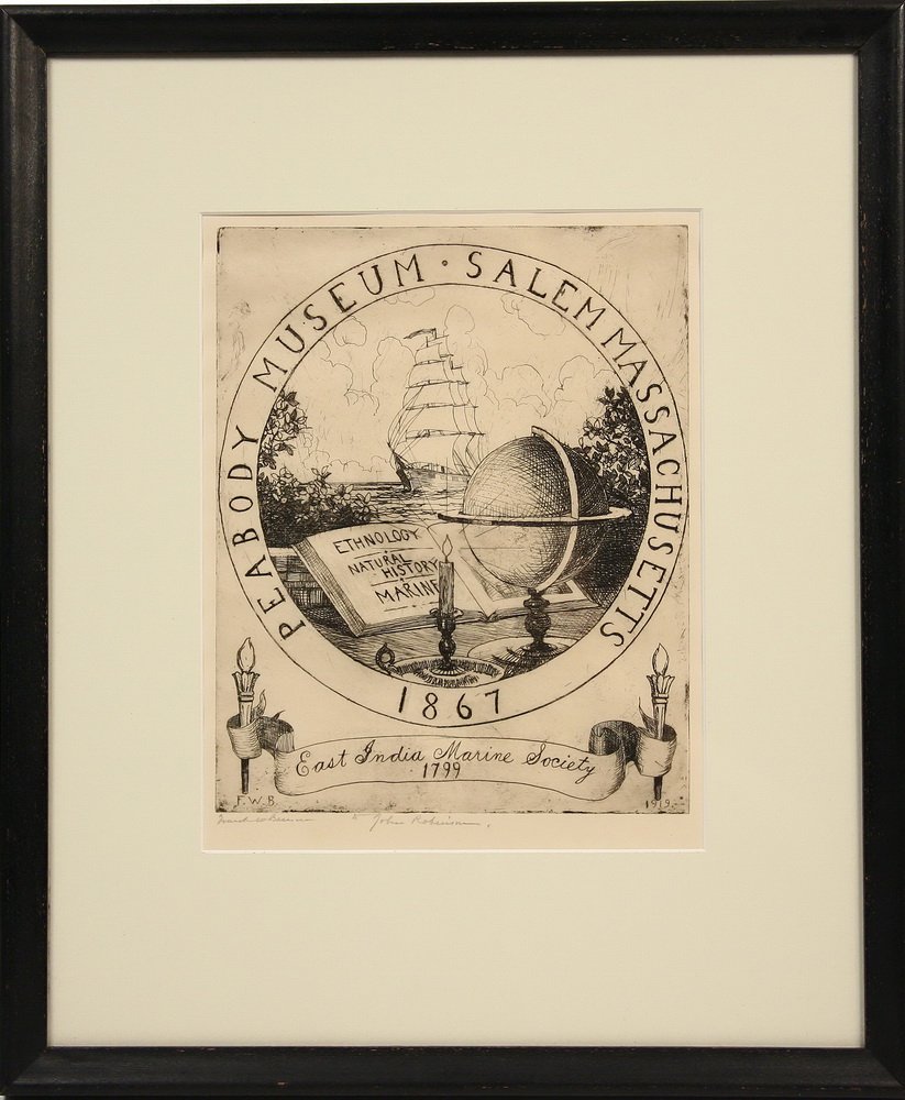ETCHING - Original Commemorative Etching 'Peabody: ETCHING - Original Commemorative Etching 'Peabody Museum, Salem Massachusetts, 1867, East India Marine Society, 1799', by Frank W. Benson, initialed in plate and signed lower left, inscribed to John R