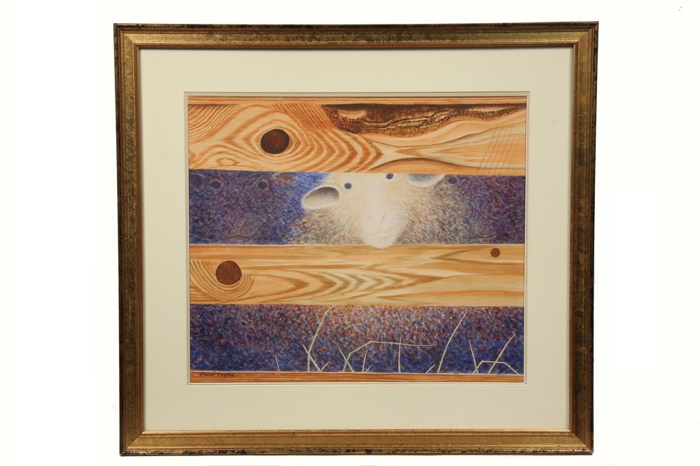 EDWARD LANGFORD (Contemporary Maine) - 'Jonathan and: EDWARD LANGFORD (Contemporary Maine) - 'Jonathan and Friends', gouache, signed lower left, title given by consignor, depicting a quizzical sheep peering from between fence rails, in gold molded frame,
