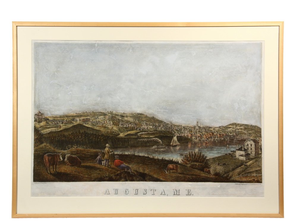 FREDERICK HEPPENHEIMER (NY, - 1876), after FRANKLIN: FREDERICK HEPPENHEIMER (NY, - 1876), after FRANKLIN BACON LADD (ME/NY, 1815-1898) - "Augusta, ME" hand colored lithograph, printed by Heppenheimer in New York, 1854. In maple box frame, matted and gla