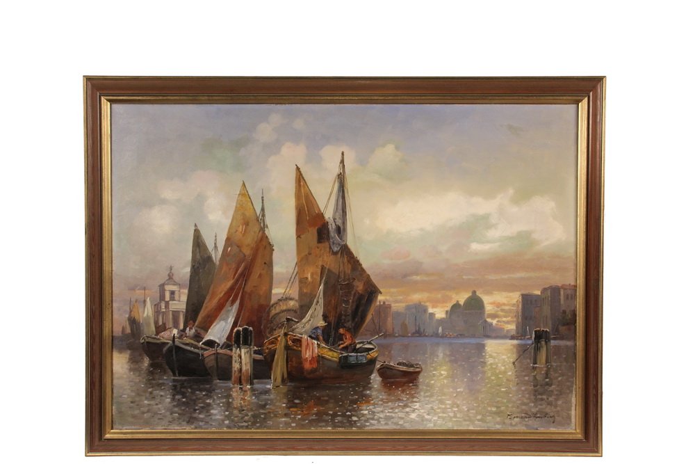 FERNAND LUBICH (19th c. German) - "Fishermen at Dusk,: FERNAND LUBICH (19th c. German) - "Fishermen at Dusk, Venice", oil on canvas, signed lower right, in wood and gold painted molded frame, OS: 32" x 43 3/4", SS: 27 1/4" x 39". Small horizontal tear is 