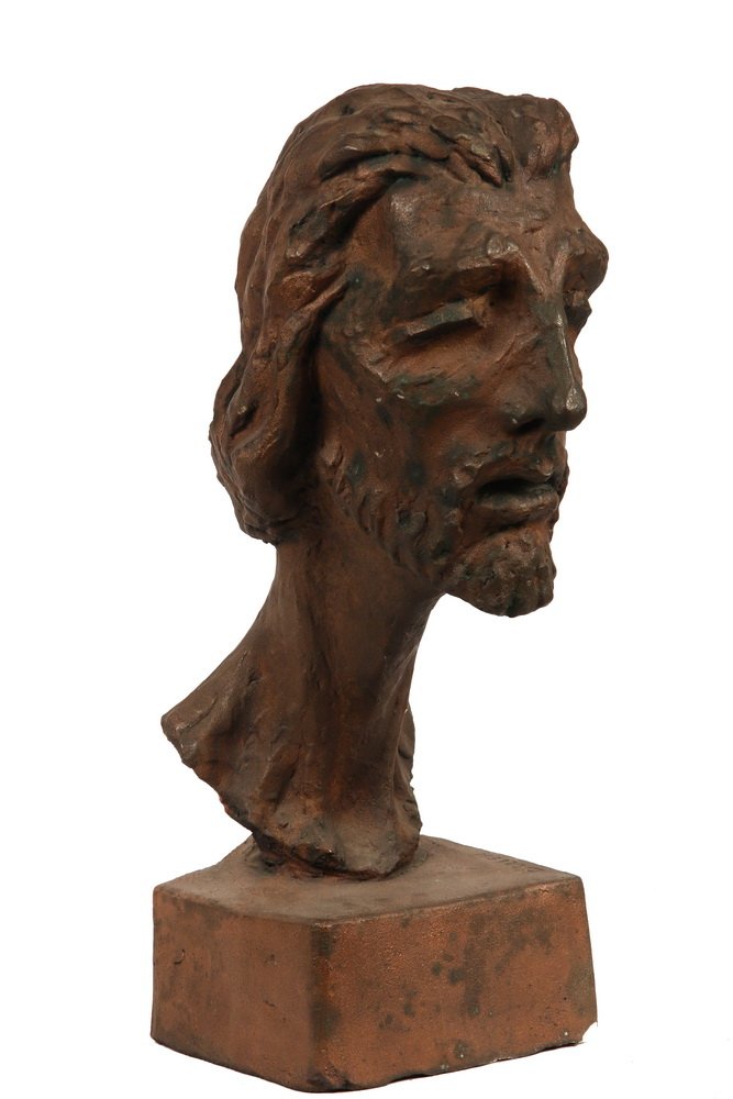 BRONZE PLATED PLASTER SCULPTURE - 'Bollen (Head)' by: BRONZE PLATED PLASTER SCULPTURE - 'Bollen (Head)' by Harry F. Stump (Neth/Maine, 1923-1998), titled on integral plinth, 19 1/2" tall, 7" x 6", losses to corners of base. Stump was a resistance fighter