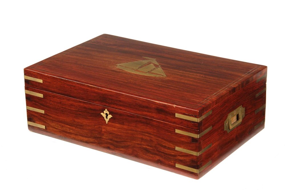 JEWELRY CHEST - Contemporary Hand Crafted Pakistani: JEWELRY CHEST - Contemporary Hand Crafted Pakistani Rosewood Jewelry Chest with brass binding and inlaid schooner on the lid, flush mount handles, lock with key, interior with partitioned lift-out tra
