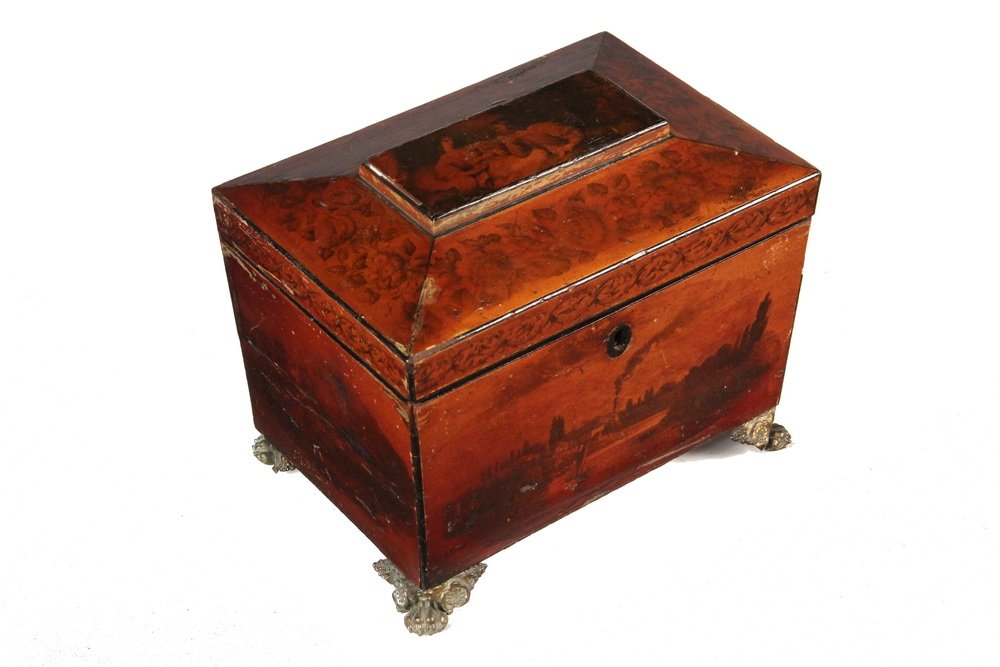 ENGLISH TREEN TEA CADDY - 19th c. Mauchline Casket Top: ENGLISH TREEN TEA CADDY - 19th c. Mauchline Casket Top Box wth brass lion paw feet, decorated with transfer of courting scene on top framed by ivy, the front and back with river scenes depicting early