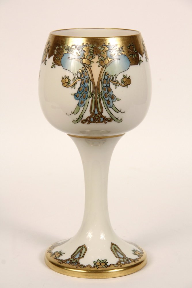 HANDPAINTED PORCELAIN - Large Belleek Presentation: HANDPAINTED PORCELAIN - Large Belleek Presentation Chalice, with aftermarket decoration of Art Nouveau Peacocks, gilt decorated rim and foot, inscribed on underside "To Truman, from Laura, Nov 16/13".