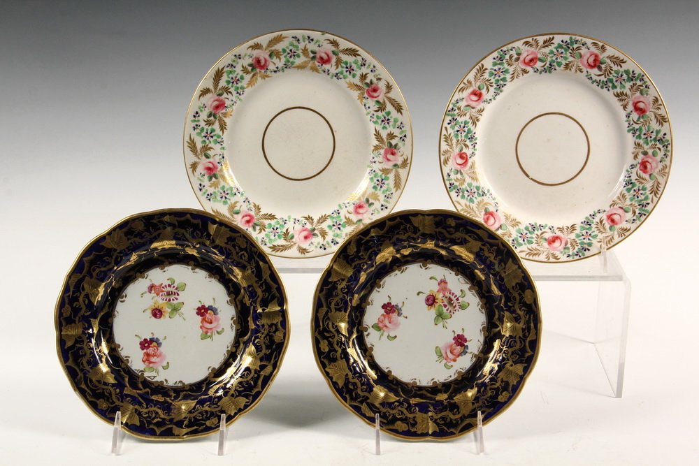 (2 PAIR) EARLY ENGLISH PLATES - Including: Masons: (2 PAIR) EARLY ENGLISH PLATES - Including: Masons Stoneware Deep Dishes, circa 1815, with rippled cobalt rims having gilt grapevine decoration, three floral clusters painted on white center, 8 1/2" di
