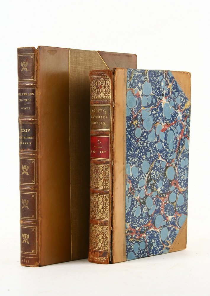 (2) PARTIAL SETS SCOTT'S WAVERLY NOVELS - (15 vols) of: (2) PARTIAL SETS SCOTT'S WAVERLY NOVELS - (15 vols) of the 1831 Robert Cadell Edinburgh edition, half leatherbound, marbled boards, engraved frontis, 6 1/2" x 4 1/2", including vols 7, 8, 9, 10, 11, 1