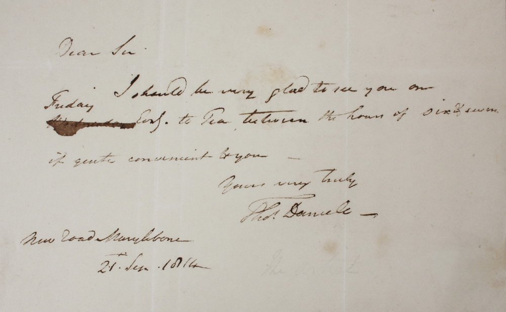 THOMAS DANIELL SIGNED AUTOGRAPH LETTER - Daniell: THOMAS DANIELL SIGNED AUTOGRAPH LETTER - Daniell (1749-1840) is best known for his paintings and topographical prints of India which were based on sketches he and his nephew William made on their trav