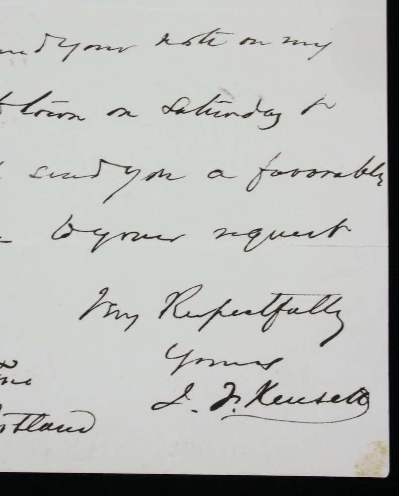 JOHN FREDERICK KENSETT AMERICAN ARTIST AUTOGRAPH NOTE: JOHN FREDERICK KENSETT AMERICAN ARTIST AUTOGRAPH NOTE SIGNED - To Miss H.I. Pine in response to a request for a favorable reference, November 18, 1866. From the Marvin Sadik Collection.