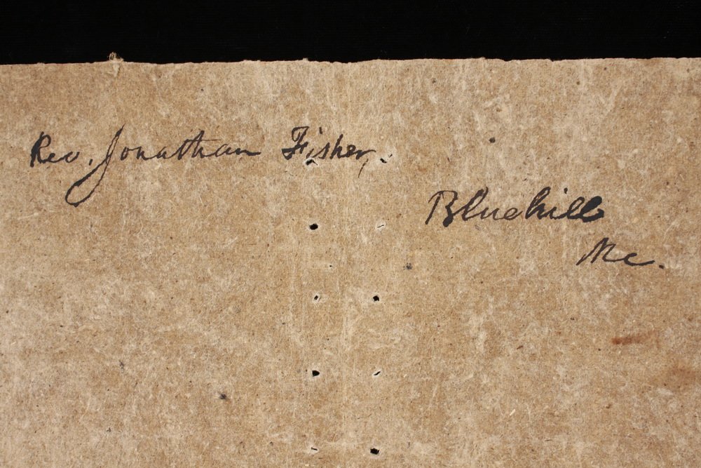 REVEREND JONATHAN FISHER BOOKLET COVER - Made of heavy: REVEREND JONATHAN FISHER BOOKLET COVER - Made of heavy handmade paper.Dated "1830" on the cover and inscribed "Rev. Jonathan Fisher Bluehill Me" on the back. 7" x 9". Good condition. From the Marvin S