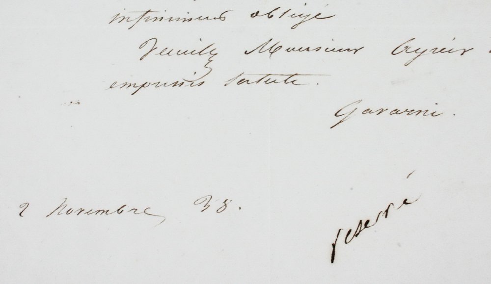 PAUL GAVARNI AUTOGRAPH LETTER SIGNED - Gavarni: PAUL GAVARNI AUTOGRAPH LETTER SIGNED - Gavarni (1804-1866) was a French caricaturist. This note, signed is a request for seats at a performance of the Victor Hugo drama "Guy Blas", 2 November 1838. 8