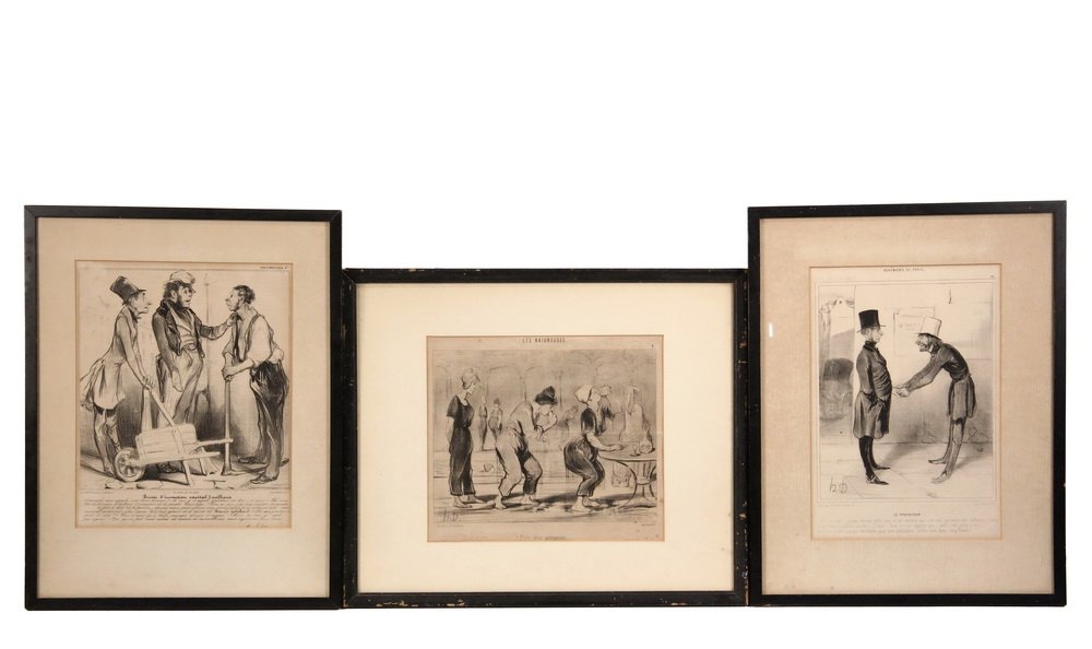 HONORE DAUMIER (French, 1808-1979) - Three Framed: HONORE DAUMIER (French, 1808-1979) - Three Framed Lithographs from Paris Periodicals circa 1840-45, all printed by Aubert, including: "Entre Deux Plangeons" from "Les Bagneuses" 1842, OS: 15" x 18", S