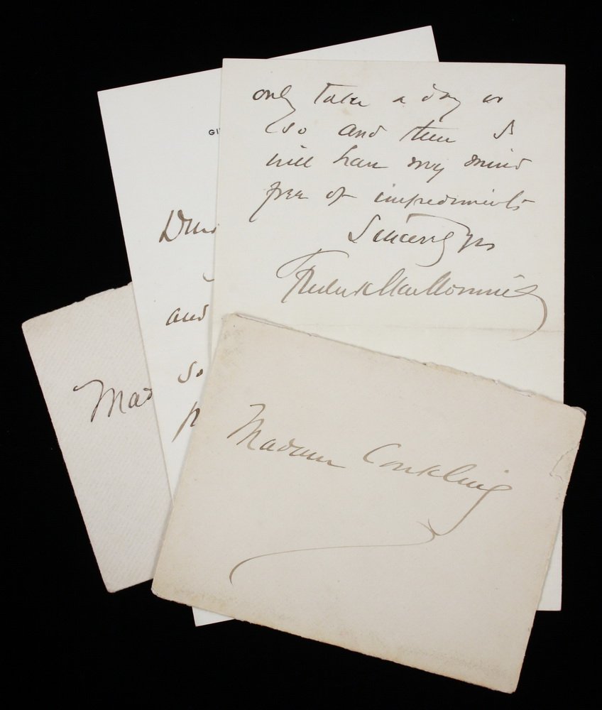 FREDERICK MACMONNIES TWO AUTOGRAPH LETTERS - to a Mme.: FREDERICK MACMONNIES TWO AUTOGRAPH LETTERS - to a Mme. Conkling regarding an appointment for a portrait sitting. MacMonnies (1863 - 1937) was the best known expatriate American sculptor of the Beaux-A