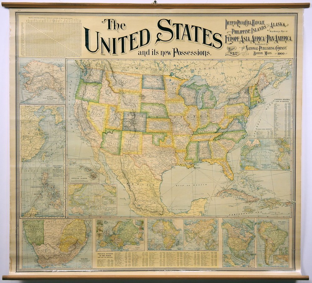 1900 US SCHOOL MAP - Vintage School Map, mounted on: 1900 US SCHOOL MAP - Vintage School Map, mounted on battens, linen backed 'The United States and It's New Possessions; Puerto Rico, Cuba, Hawaii, Philippine Islands and Alaska; with General Maps of Eu