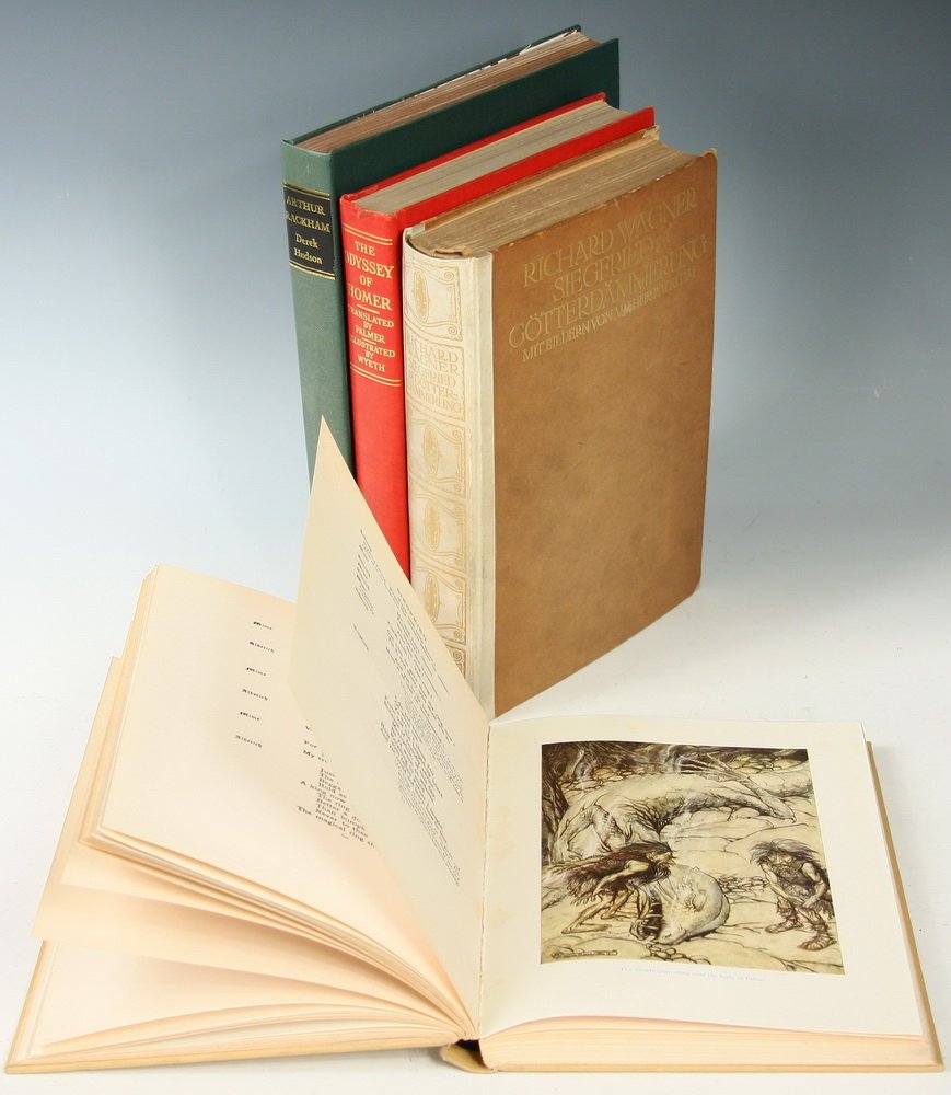 (4) ILLUSTRATED BOOKS - Including: Wagner, Richard;: (4) ILLUSTRATED BOOKS - Including: Wagner, Richard; 'Siegfried & Gotterdammerung' mit Bildern von Arthur Rackham, Verlag der Literarischen Anstalt, Reuten & Loening, Frankfurt a/M, 1911, volume II of