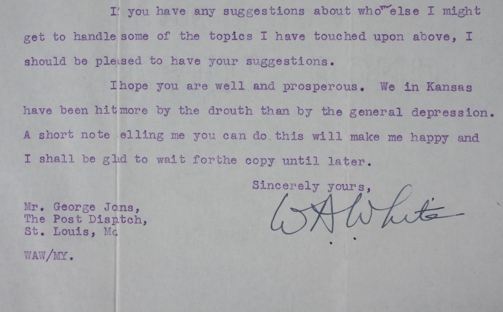 WILLIAM ALLEN WHITE TYPED LETTER SIGNED - Fascinating: WILLIAM ALLEN WHITE TYPED LETTER SIGNED - Fascinating Letter discussing role of the newspaper in society. Allen (1868-1944) was a renowned American newspaper editor and leader of the Progressive Movem