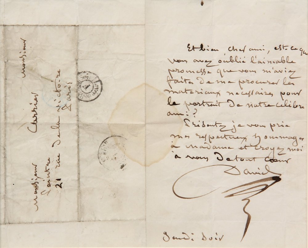 DAVID D'ANGERS AUTOGRAPH LETTER SIGNED - Pierre-Jean: DAVID D'ANGERS AUTOGRAPH LETTER SIGNED - Pierre-Jean David (March 12, 1788 â€“ January 4, 1856), usually called David d'Angers, French sculptor, friend of Ingres known for his bronze profile port