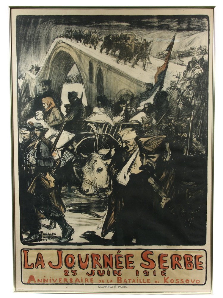 RARE FRENCH WWI WAR POSTER - 'La Journee Serbe, 25: RARE FRENCH WWI WAR POSTER - 'La Journee Serbe, 25 Juin, 1916, Anniversaire de la Bataille de Kossovo' by D. Charles Fouqueray, 1916, Devambez de Paris, depicting refugees fleeing over unique double-a