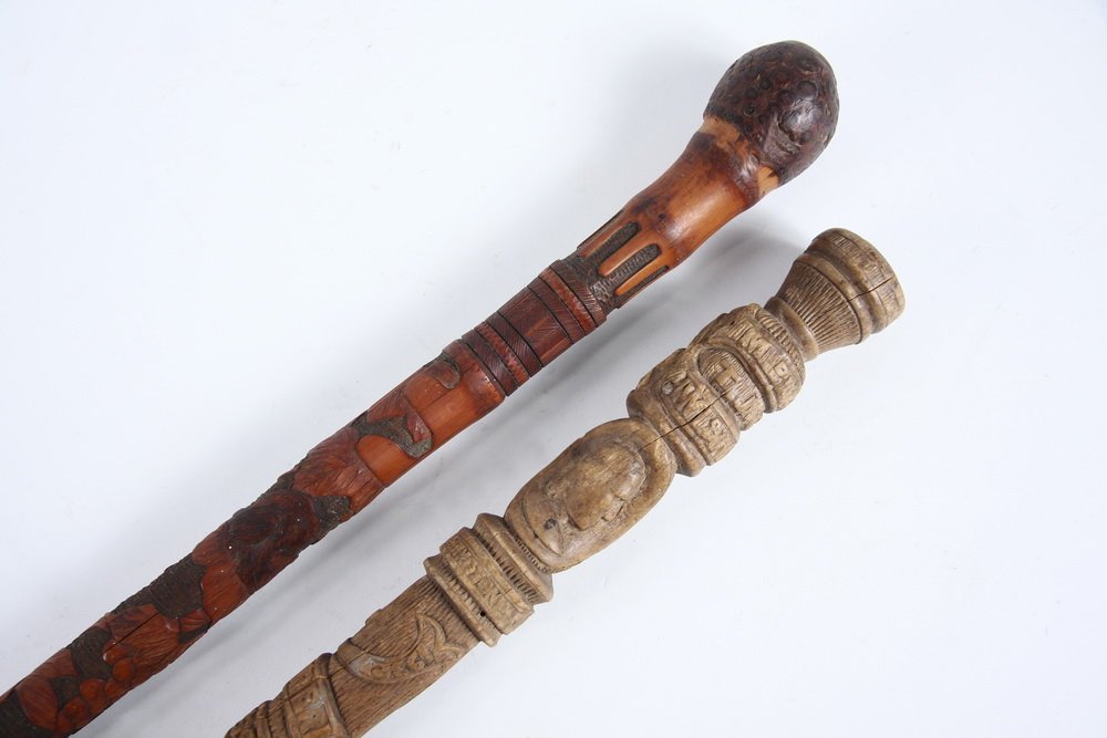 (2) HAND CARVED CANES - American Carved College Cane: (2) HAND CARVED CANES - American Carved College Cane belonging to Morris Blackman, William & Mary Class of 1935, with oval portraits of Washington and Lincoln, twisted vines and ribbons reading 'M. Bl