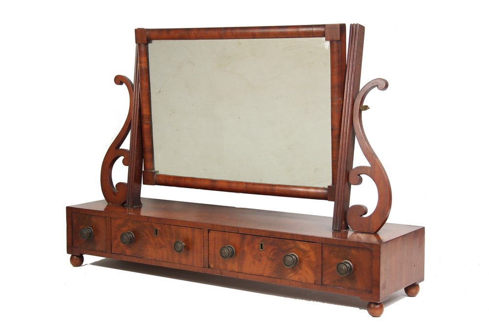 SHAVING MIRROR - Federal Period Dresser-Top Shaving: SHAVING MIRROR - Federal Period Dresser-Top Shaving Mirror in mahogany, with crotch veneer mahogany drawer fronts and case, set on ball feet, the cabinet housing two wide drawers at center with lockse