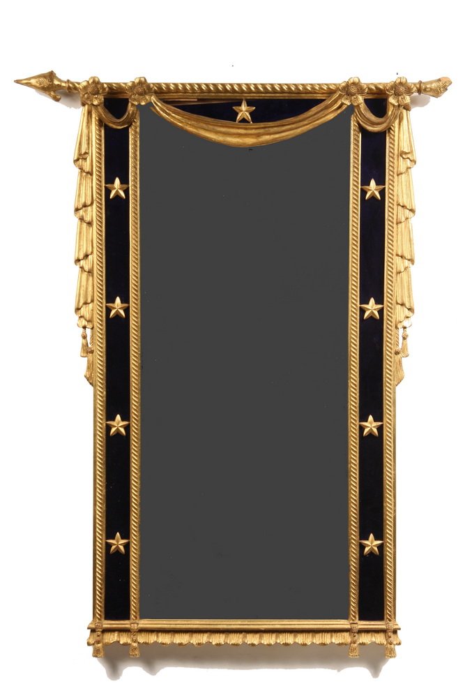 CUSTOM GILT FRAMED MIRROR - Contemporary Italianate: CUSTOM GILT FRAMED MIRROR - Contemporary Italianate Gilt Framed Mirror with cobalt mirror border, the frame itself in cast resin and marked on top 'Carver's Guild, 1993, Designer Carol Canner; featuri