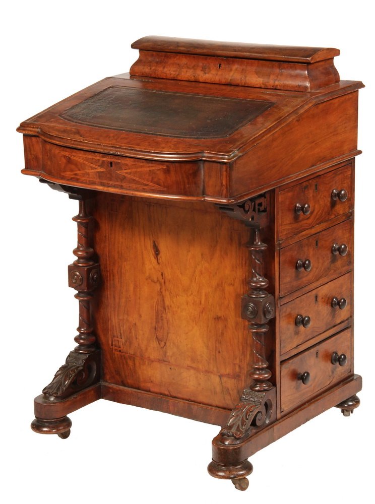 DAVENPORT DESK - 1870s Renaissance Revival Desk in burl: DAVENPORT DESK - 1870s Renaissance Revival Desk in burl walnut veneer with banded inlay, drop-in letter box which lifts out to reveal hidden compartment, tooled leather writing surface that hinges ope