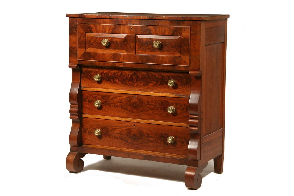 EMPIRE MAHOGANY BUTLER'S DESK - Period Butler's Desk in: EMPIRE MAHOGANY BUTLER'S DESK - Period Butler's Desk in flame mahogany veneer, with overhanging top, the top two-paneled drawer with brass pulls folds down to reveal green felt writing surface (replac