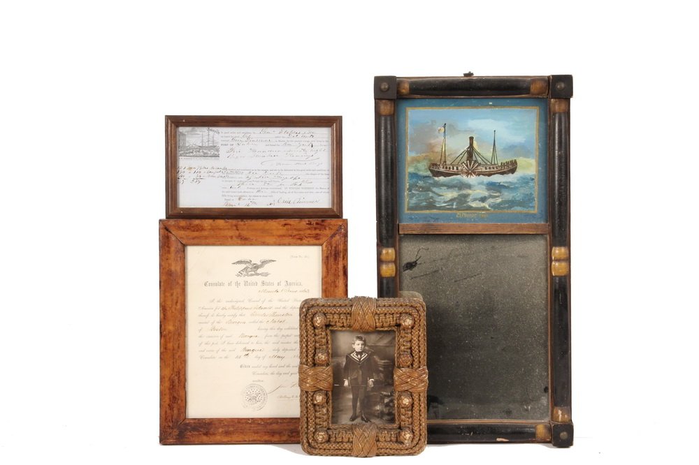 (4) MARITIME THEMED PCS - Including: Small Pier Mirror: (4) MARITIME THEMED PCS - Including: Small Pier Mirror having eglomise panel painted with sidewheeler captioned "Clermont, 1807", 20" x 10 1/2"; PLUS Small Sailor's Macrame Frame holding photo of boy 