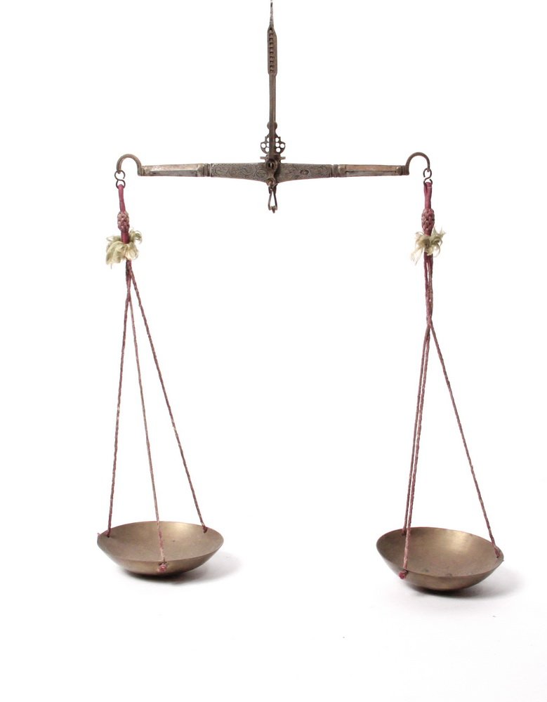 ANTIQUE HANGING BALANCE SCALE - Fine Early Balance: ANTIQUE HANGING BALANCE SCALE - Fine Early Balance Scale, the beam and indicator of pierced and engraved cast iron, brass pans suspended by braided silk cords. 15" top to suspended pans, beam length 8