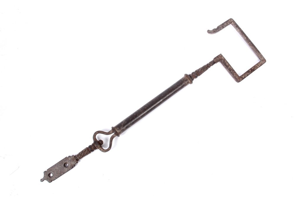 ISLAMIC WROUGHT IRON ADJUSTABLE HANGING DEVICE -: ISLAMIC WROUGHT IRON ADJUSTABLE HANGING DEVICE - Probably Turkish, 16th c, by means of a screw mechanism this hanger is adjustable in length by 6 1/4". Length variable 24" to 30". From the Marvin Sadi