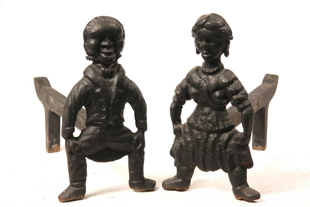 RARE FIGURAL ANDIRONS - Rare Pair of 19th c. Cast Iron: RARE FIGURAL ANDIRONS - Rare Pair of 19th c. Cast Iron Figural Andirons in the form of an African-American Couple, with the original removable log rests, 16 1/2" tall, 9 1/2" x 20". Pitted, overpainte