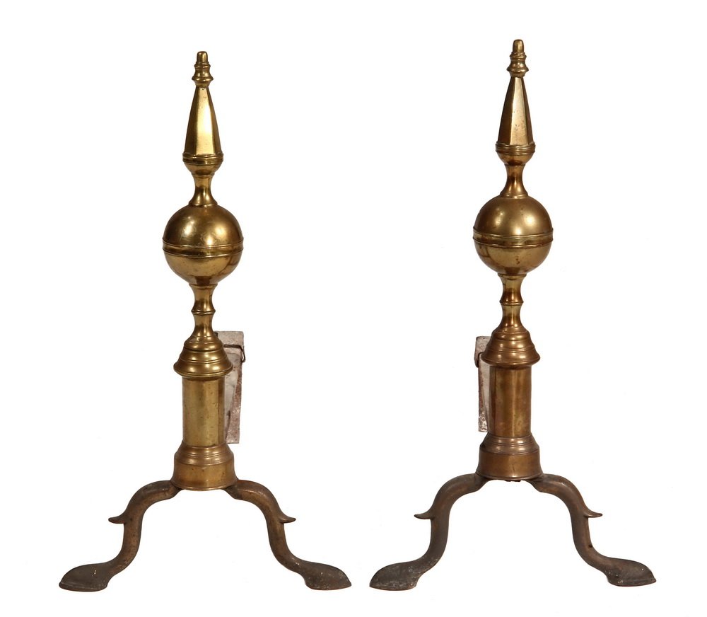 PAIR OF ANDIRONS - Period Chippendale Cathedral Top: PAIR OF ANDIRONS - Period Chippendale Cathedral Top Andirons with cylinder and ring turned columns, matching stops, spur foot, unsigned, straight dogs. 20 1/2" tall, 11" x 19". Scorched.