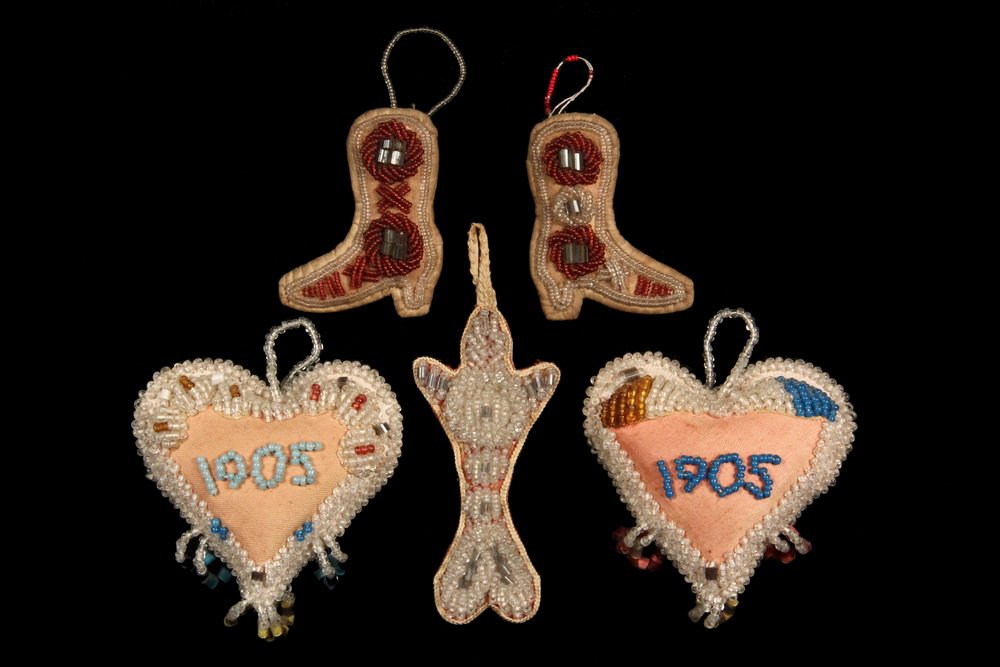 (2 PAIR & 1 SINGLE) IROQUOIS BEADED TOKENS - Including:: (2 PAIR & 1 SINGLE) IROQUOIS BEADED TOKENS - Including: Pair of Tall Boots in pink cotton with clear and red beads, to commemorate a shared trip, 3" tall; PLUS Two Hearts in pink cotton with clear and