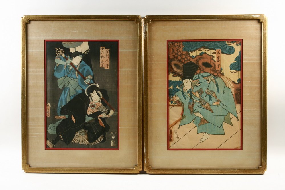 (2) JAPANESE WOODBLOCK PRINTS - Kabuki Scenes by: (2) JAPANESE WOODBLOCK PRINTS - Kabuki Scenes by Toyokuni, one with dancer in crane decorated robe, the other with warrior and bijin struggling, in custom gilt Japanese corner frames, silk mats, glaze