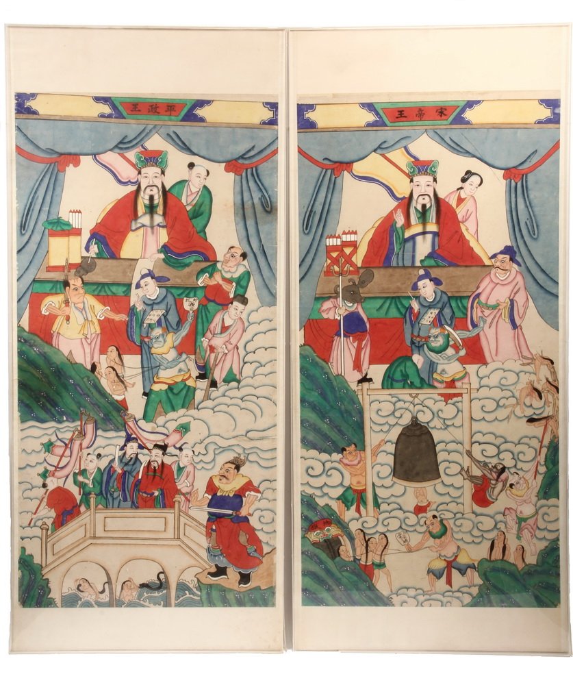 PAIR CHINESE WATERCOLORS - Pair of Daoist Temple: PAIR CHINESE WATERCOLORS - Pair of Daoist Temple Watercolors, 19th c. or earlier, depicting the condemning of sinners to the underworld, with odd variations of torture shown beneath the court images, 