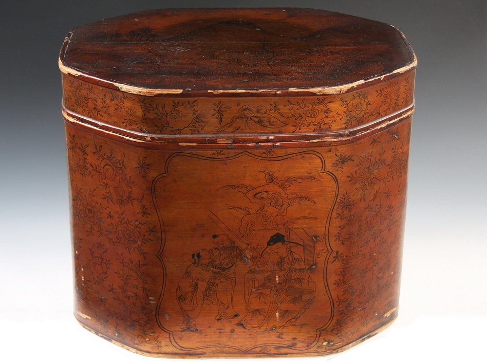 19TH C CHINESE HAT BOX - 19th c. Chinese Wooden Hatbox: 19TH C CHINESE HAT BOX - 19th c. Chinese Wooden Hatbox in lacquered finish with black line decoration of landscape on top, family in garden on front, overall pattern of flowers and butterflies, the oc