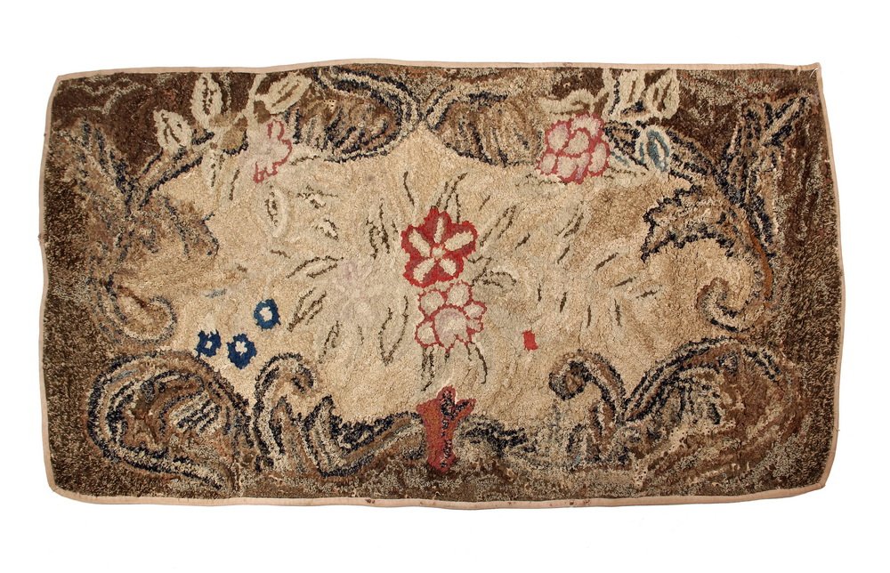 HOOKED RUG - 30" x 58" - Floral Design with muted: HOOKED RUG - 30" x 58" - Floral Design with muted colors including some reds and blues, all wool, hooked on burlap, late 1800s, early 1900s. Purchased in Maine.