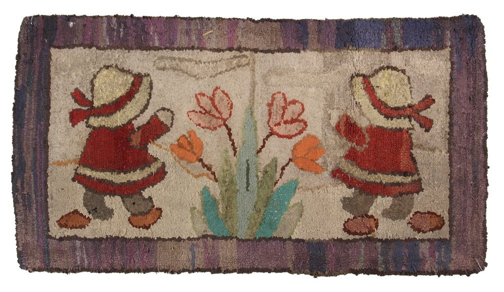 HOOKED RUG - 18 1/2" x 39" - Two Sunbonnet Girls,: HOOKED RUG - 18 1/2" x 39" - Two Sunbonnet Girls, probably a pattern, all wool hooked on burlap, late 1800s, early 1900s. Purchased in Maine.